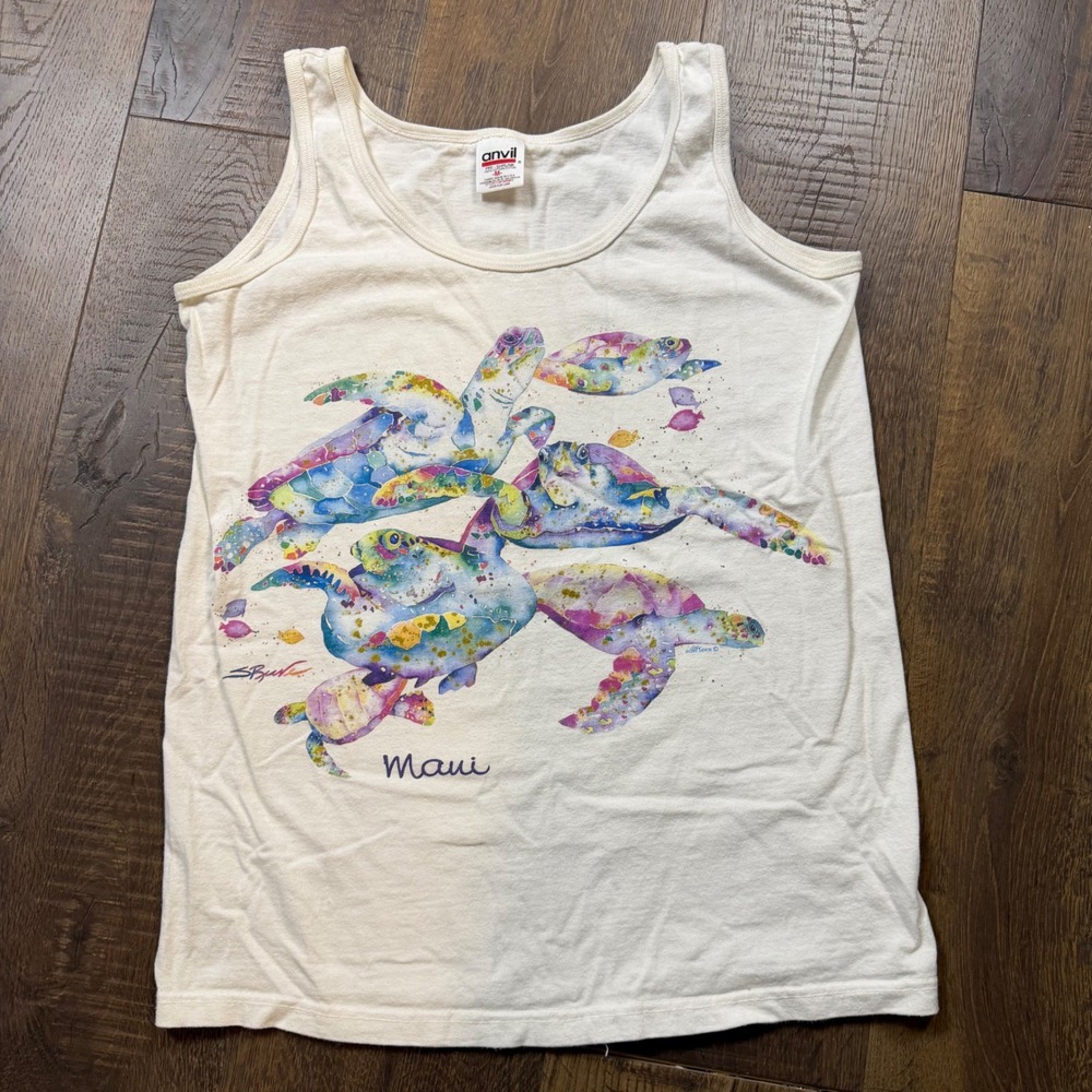 Vintage Y2K Anvil Womens M Maui Sea Turtle Art Tank Top Hawaii Made USA Fabric